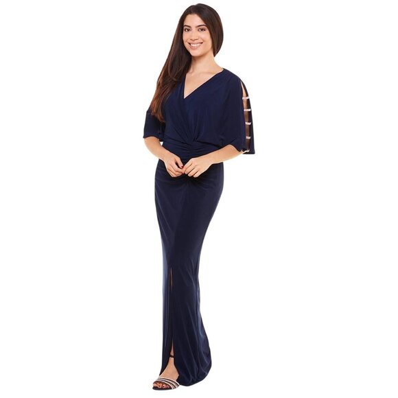 NWT MSK V-Neck Rhinestone Ladder Trim Side Slit Evening Gown Dress Navy Blue S - Picture 3 of 11